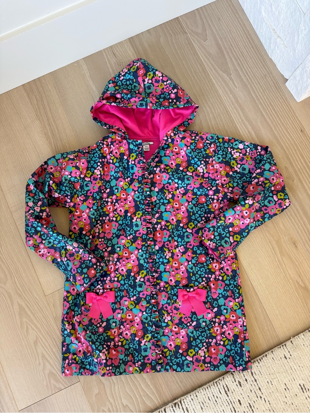Hartstrings Floral Hooded Raincoat - Pink, Teal & Navy